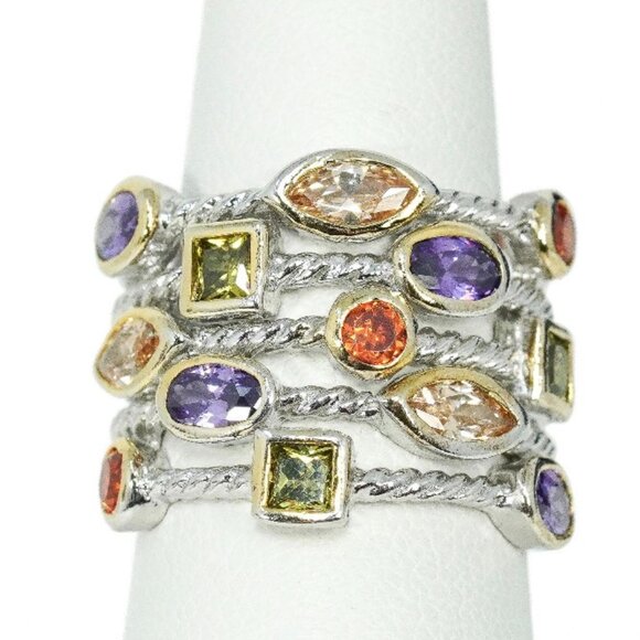 Vintage Sterling Silver Rope Ring Precious Stones Size 8 - Picture 2 of 4